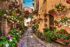 Floral street in central Italy, in the small Umbrian medieval town, Italy